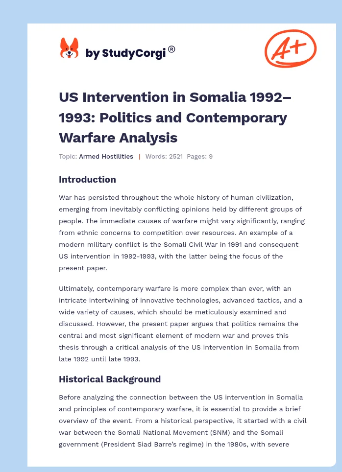US Intervention in Somalia 1992–1993: Politics and Contemporary Warfare Analysis. Page 1