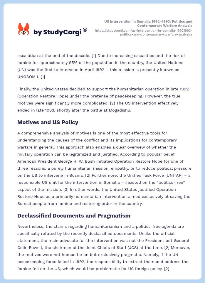 US Intervention in Somalia 1992–1993: Politics and Contemporary Warfare Analysis. Page 2