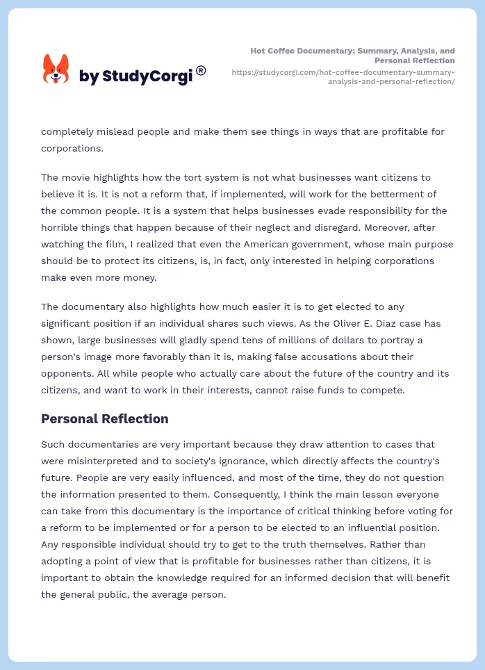 Hot Coffee Documentary: Summary, Analysis, and Personal Reflection. Page 2