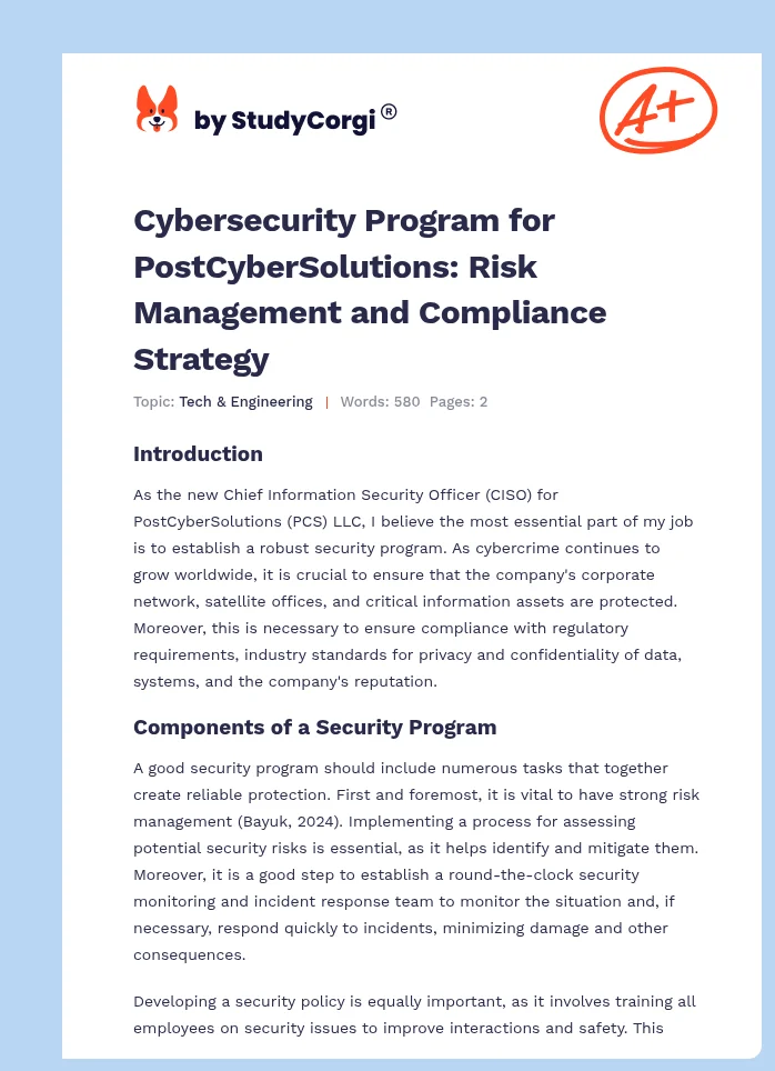 Cybersecurity Program for PostCyberSolutions: Risk Management and Compliance Strategy. Page 1