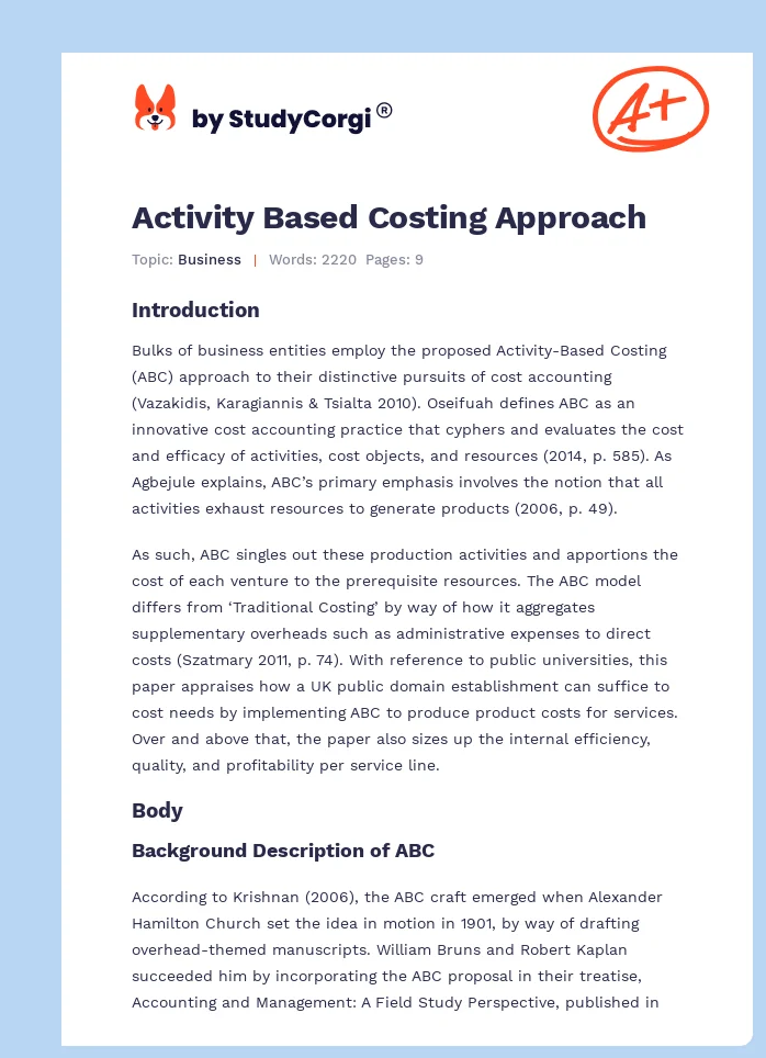 Activity Based Costing Approach. Page 1