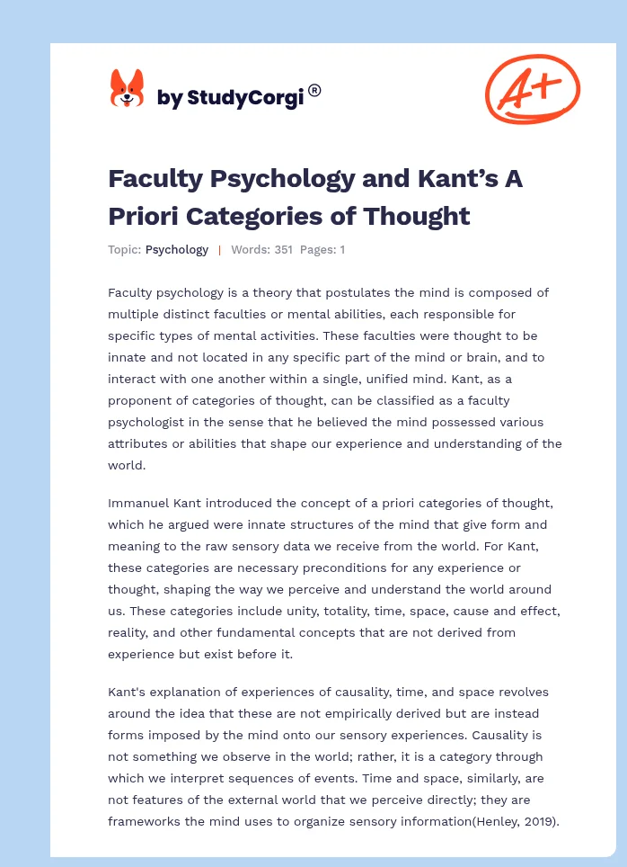 Faculty Psychology and Kant’s A Priori Categories of Thought. Page 1