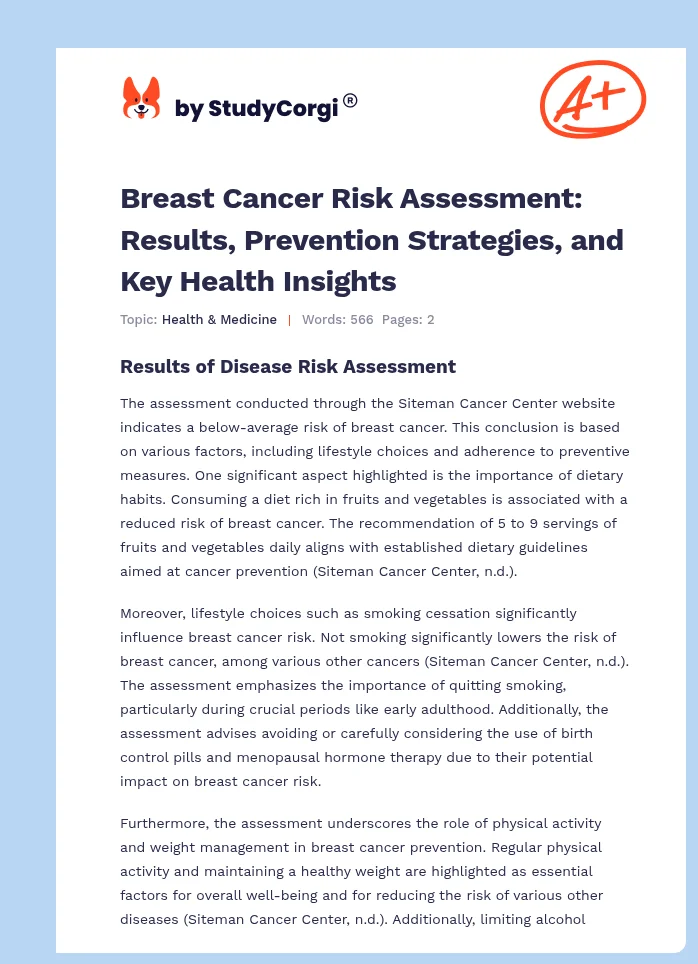 Breast Cancer Risk Assessment: Results, Prevention Strategies, and Key Health Insights. Page 1
