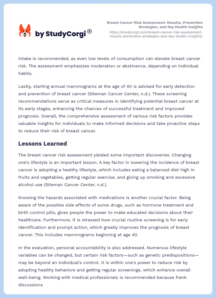 Breast Cancer Risk Assessment: Results, Prevention Strategies, and Key Health Insights. Page 2