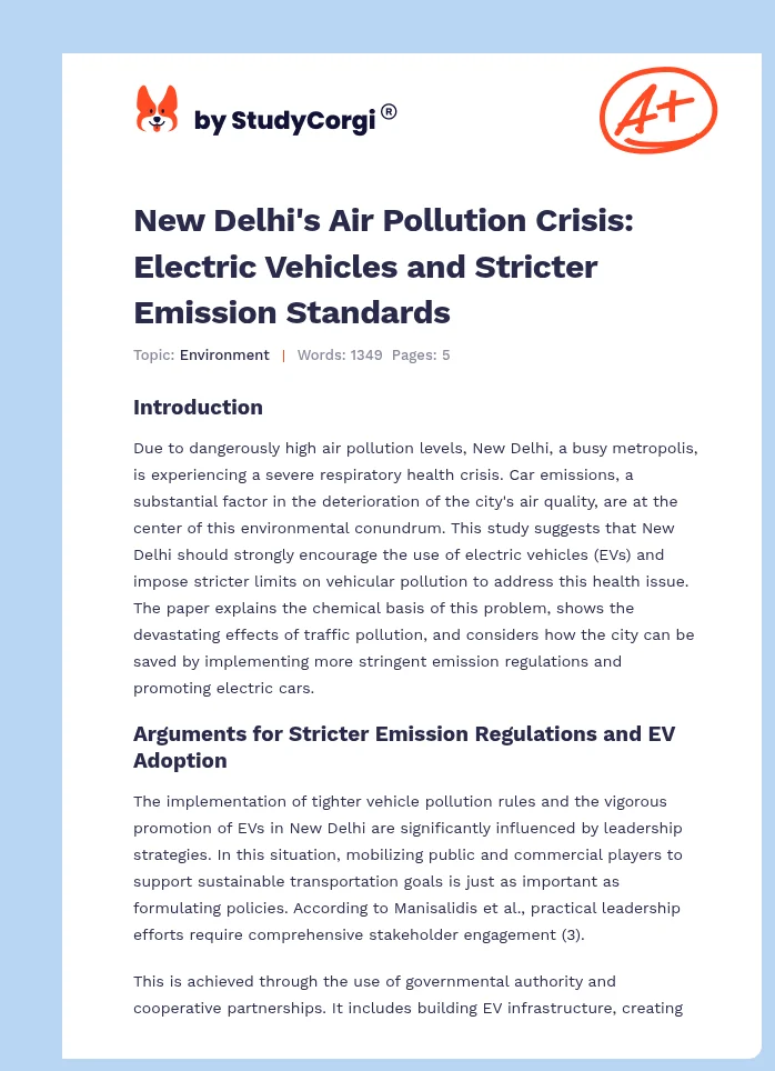 New Delhi's Air Pollution Crisis: Electric Vehicles and Stricter Emission Standards. Page 1
