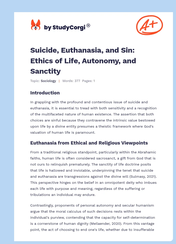 Suicide, Euthanasia, and Sin: Ethics of Life, Autonomy, and Sanctity. Page 1