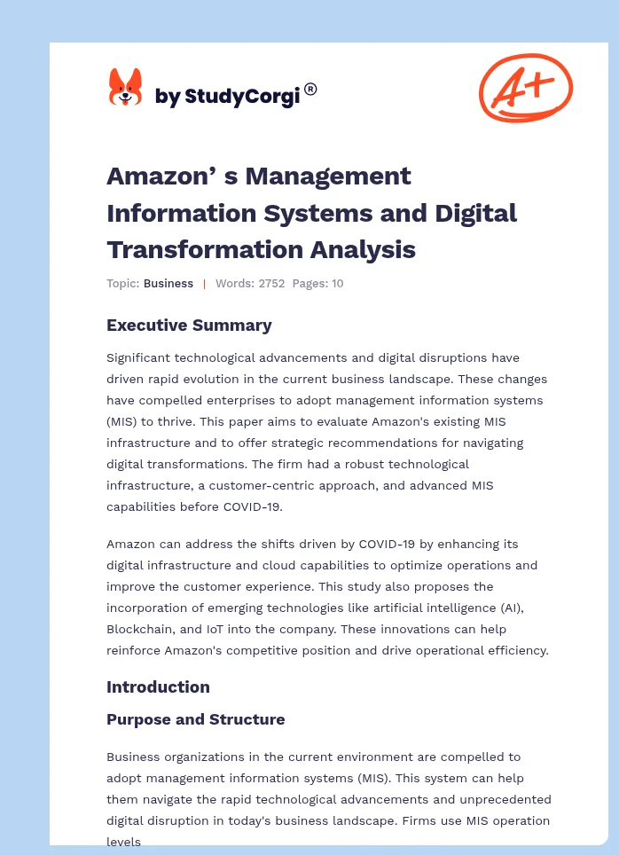 Amazonʼs Management Information Systems and Digital Transformation Analysis. Page 1