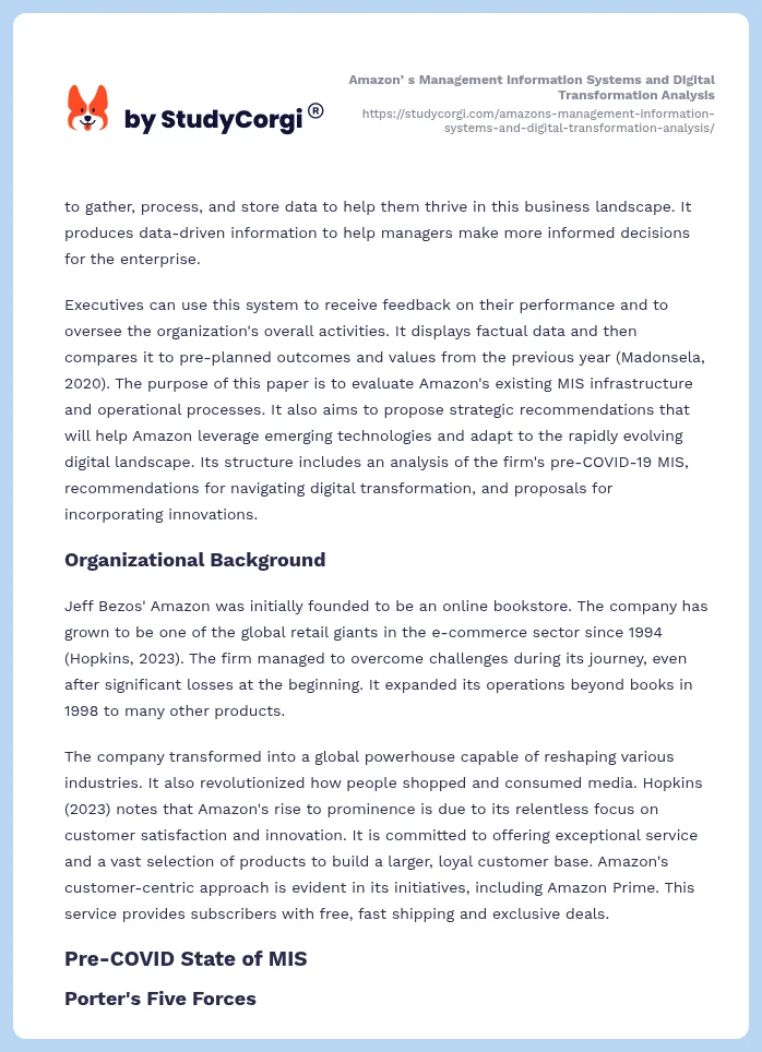 Amazonʼs Management Information Systems and Digital Transformation Analysis. Page 2