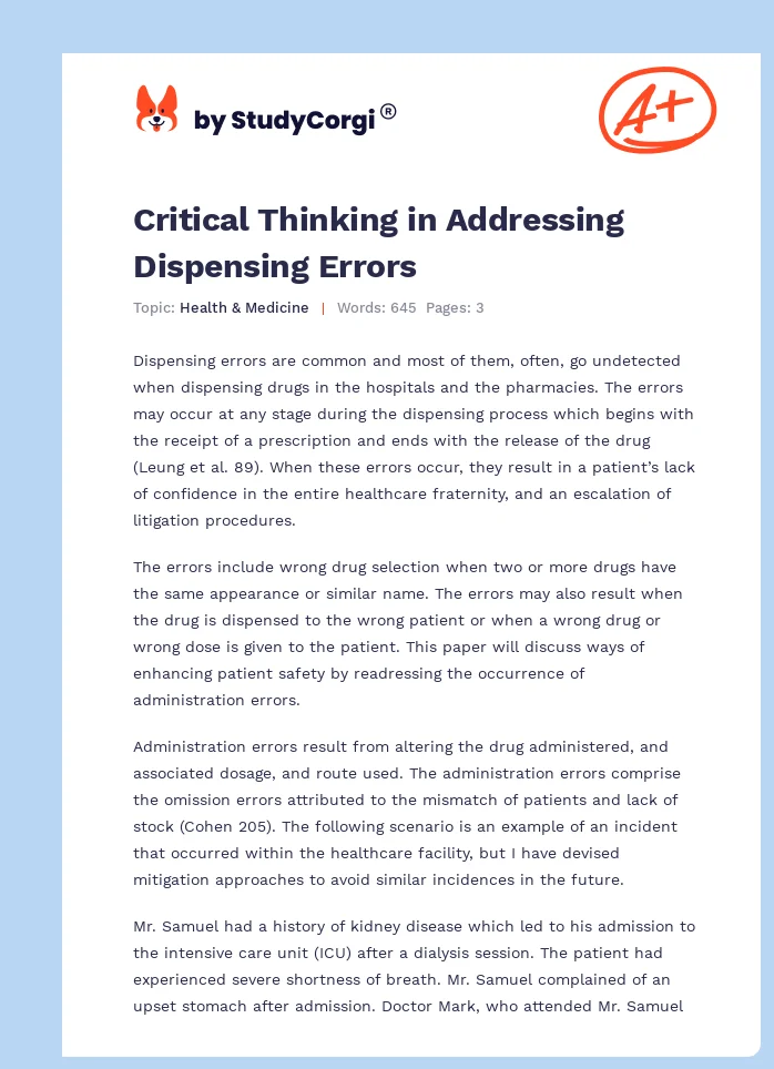 Critical Thinking in Addressing Dispensing Errors. Page 1