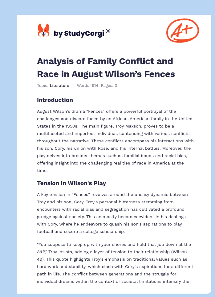 Analysis of Family Conflict and Race in August Wilson’s Fences. Page 1