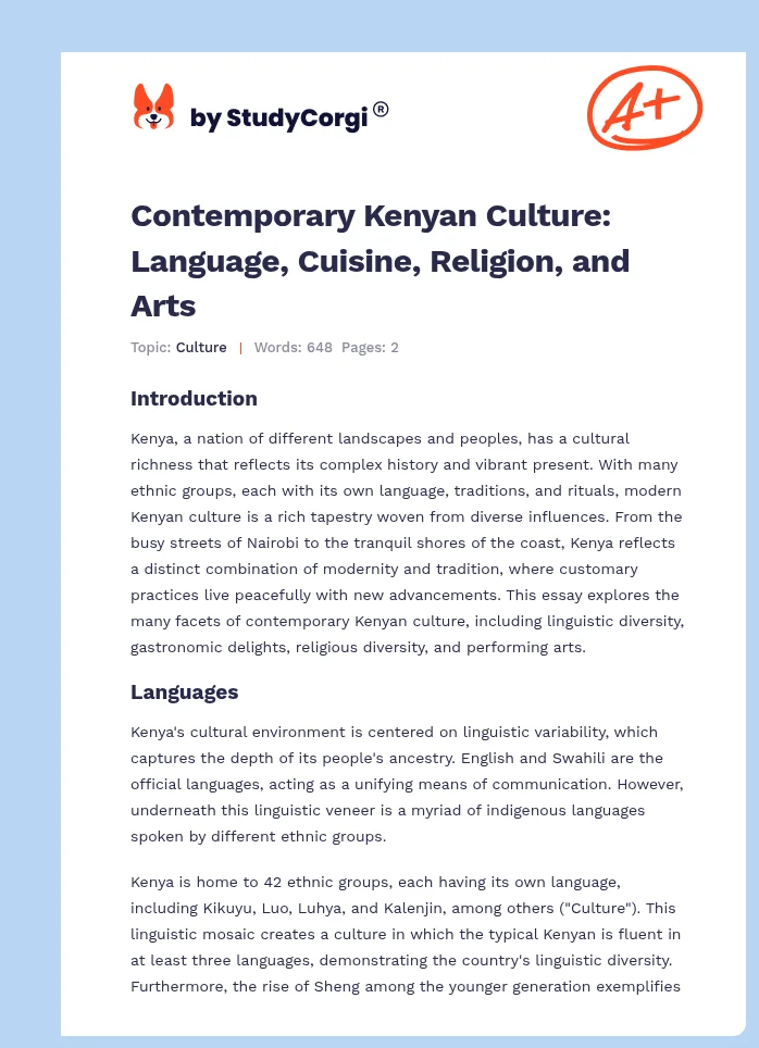 Contemporary Kenyan Culture: Language, Cuisine, Religion, and Arts. Page 1