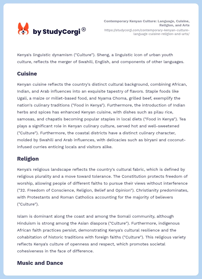 Contemporary Kenyan Culture: Language, Cuisine, Religion, and Arts. Page 2