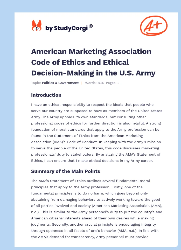 American Marketing Association Code of Ethics and Ethical Decision-Making in the U.S. Army. Page 1