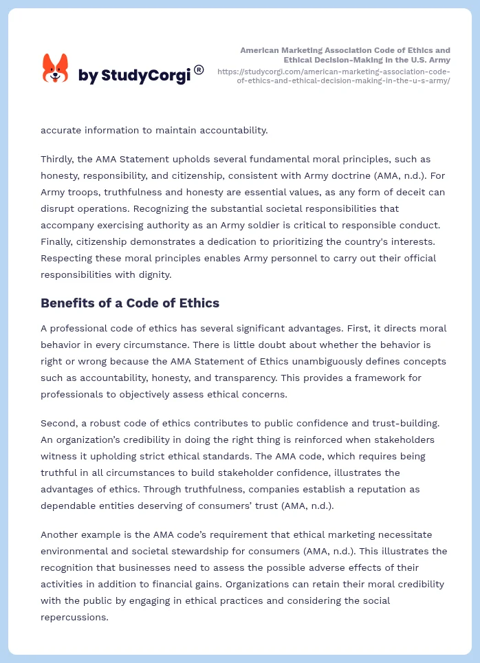 American Marketing Association Code of Ethics and Ethical Decision-Making in the U.S. Army. Page 2