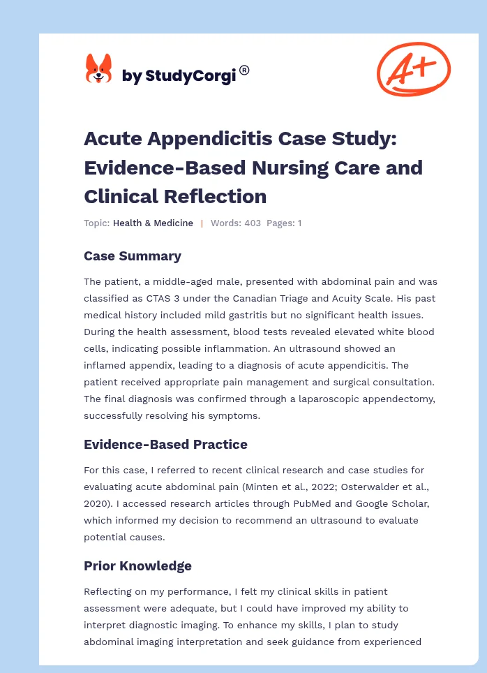 Acute Appendicitis Case Study: Evidence-Based Nursing Care and Clinical Reflection. Page 1