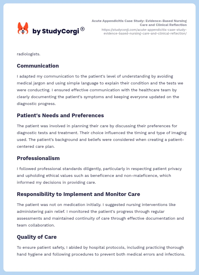 Acute Appendicitis Case Study: Evidence-Based Nursing Care and Clinical Reflection. Page 2