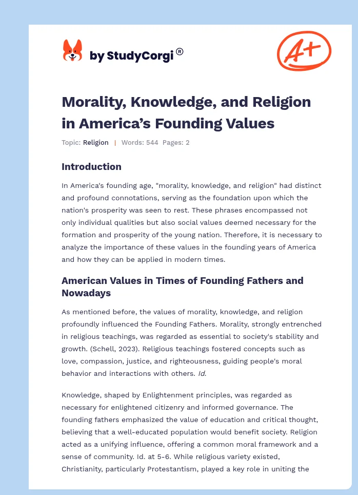 Morality, Knowledge, and Religion in America’s Founding Values. Page 1