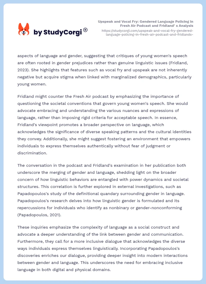 Upspeak and Vocal Fry: Gendered Language Policing in Fresh Air Podcast and Fridlandʼs Analysis. Page 2