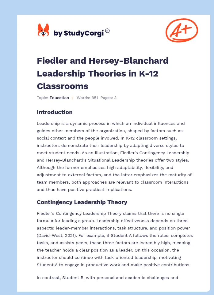 Fiedler and Hersey-Blanchard Leadership Theories in K-12 Classrooms. Page 1