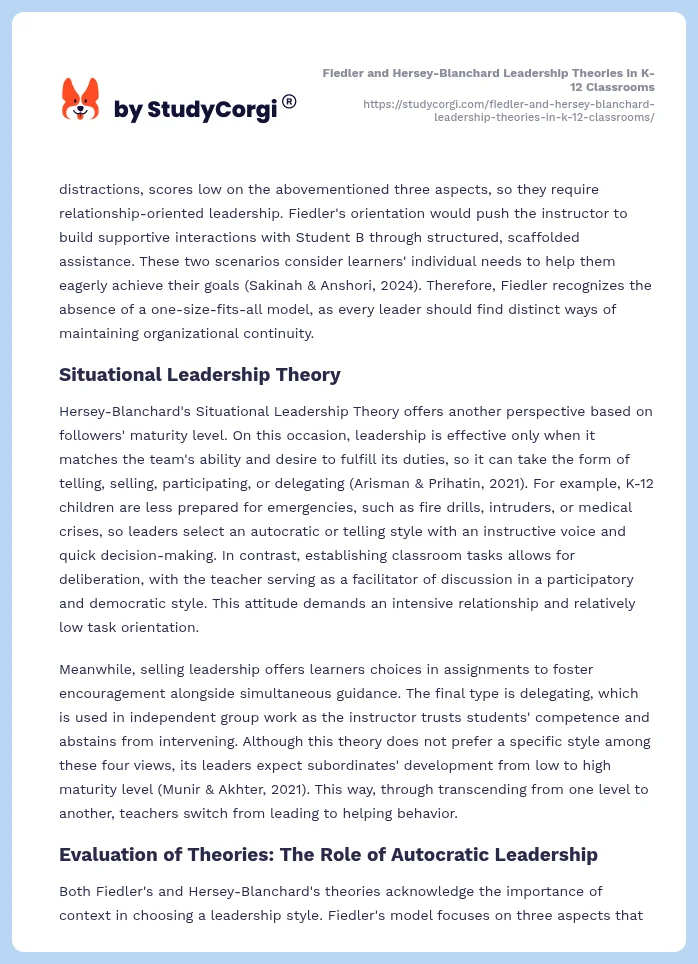 Fiedler and Hersey-Blanchard Leadership Theories in K-12 Classrooms. Page 2