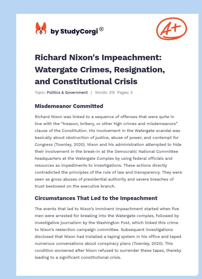 Richard Nixon's Impeachment: Watergate Crimes, Resignation, and Constitutional Crisis. Page 1