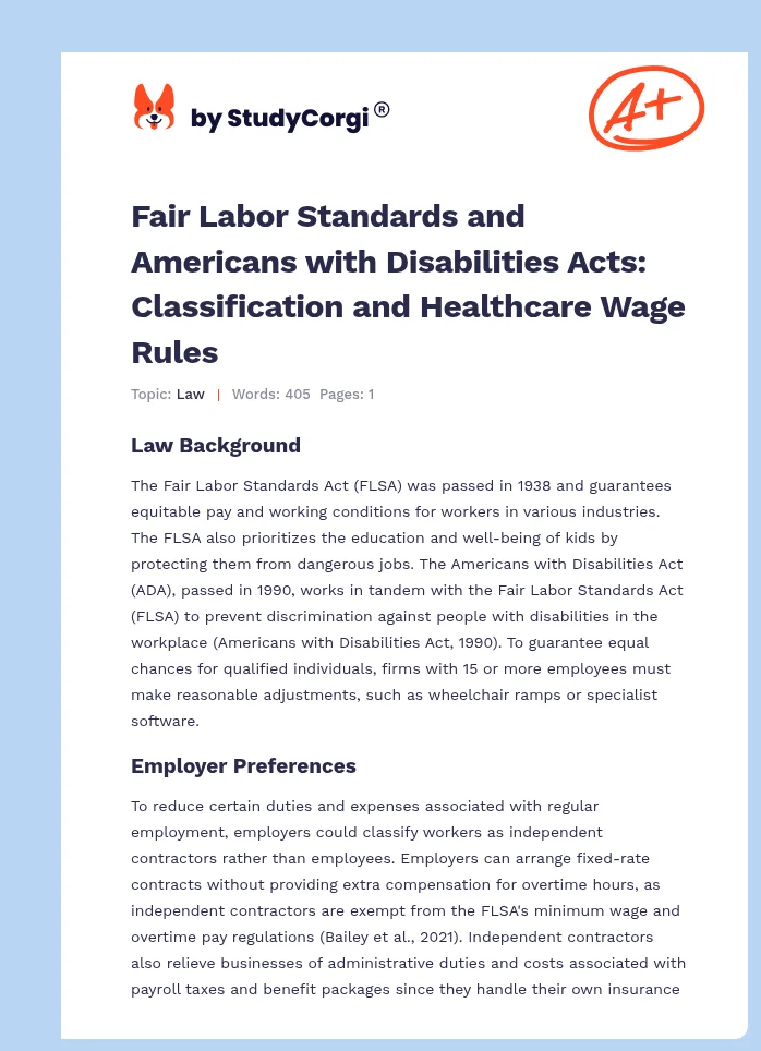 Fair Labor Standards and Americans with Disabilities Acts: Classification and Healthcare Wage Rules. Page 1