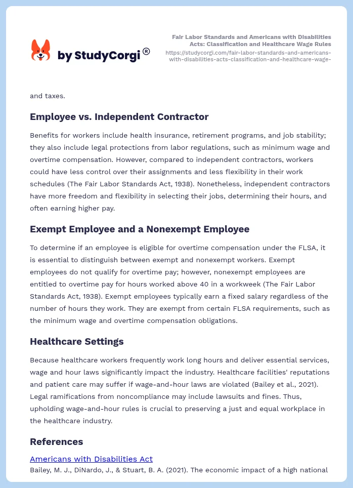 Fair Labor Standards and Americans with Disabilities Acts: Classification and Healthcare Wage Rules. Page 2