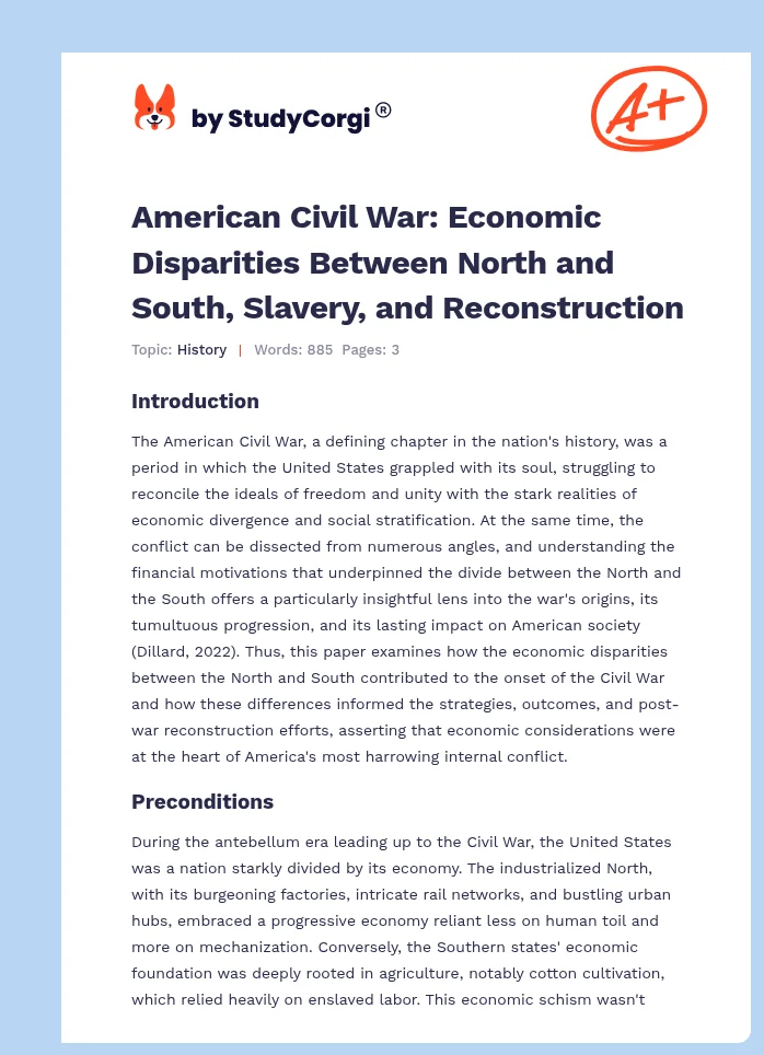American Civil War: Economic Disparities Between North and South, Slavery, and Reconstruction. Page 1