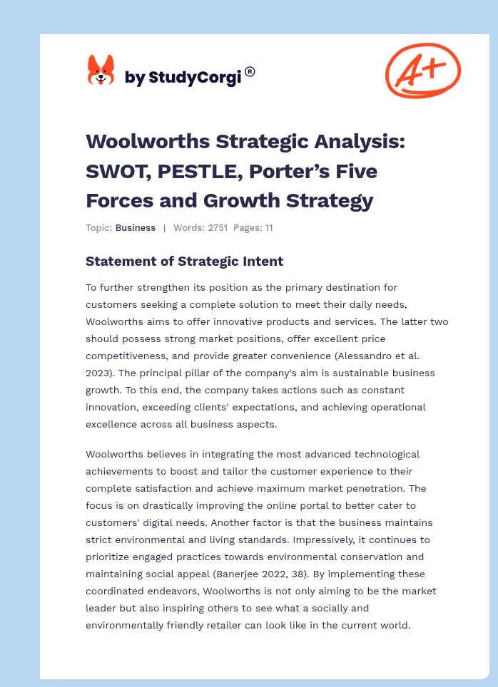 Woolworths Strategic Analysis: SWOT, PESTLE, Porter’s Five Forces and Growth Strategy. Page 1