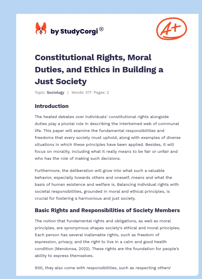 Constitutional Rights, Moral Duties, and Ethics in Building a Just Society. Page 1