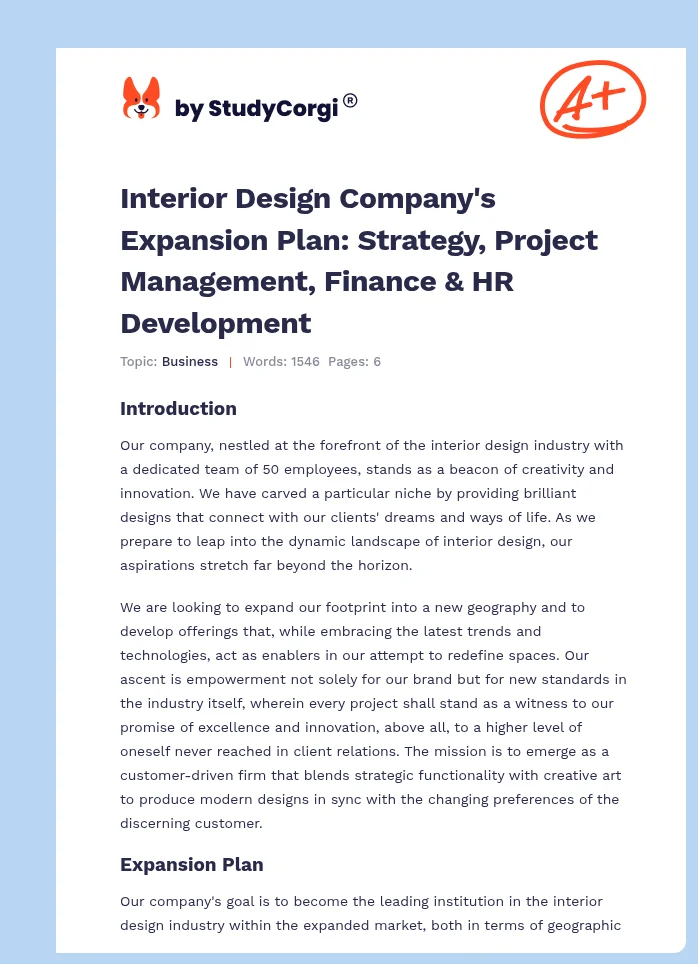 Interior Design Company's Expansion Plan: Strategy, Project Management, Finance & HR Development. Page 1