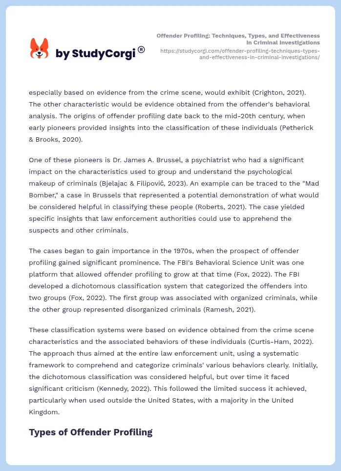 Offender Profiling: Techniques, Types, and Effectiveness in Criminal Investigations. Page 2