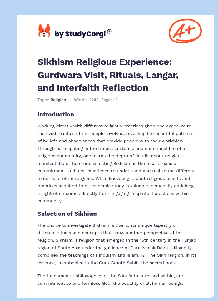 Sikhism Religious Experience: Gurdwara Visit, Rituals, Langar, and Interfaith Reflection. Page 1