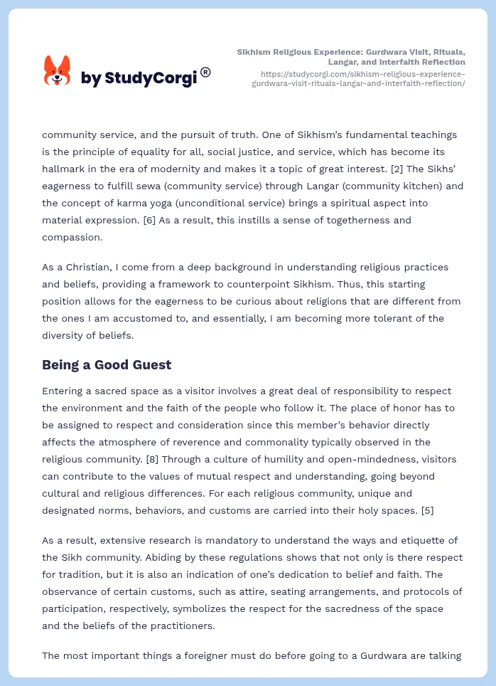 Sikhism Religious Experience: Gurdwara Visit, Rituals, Langar, and Interfaith Reflection. Page 2
