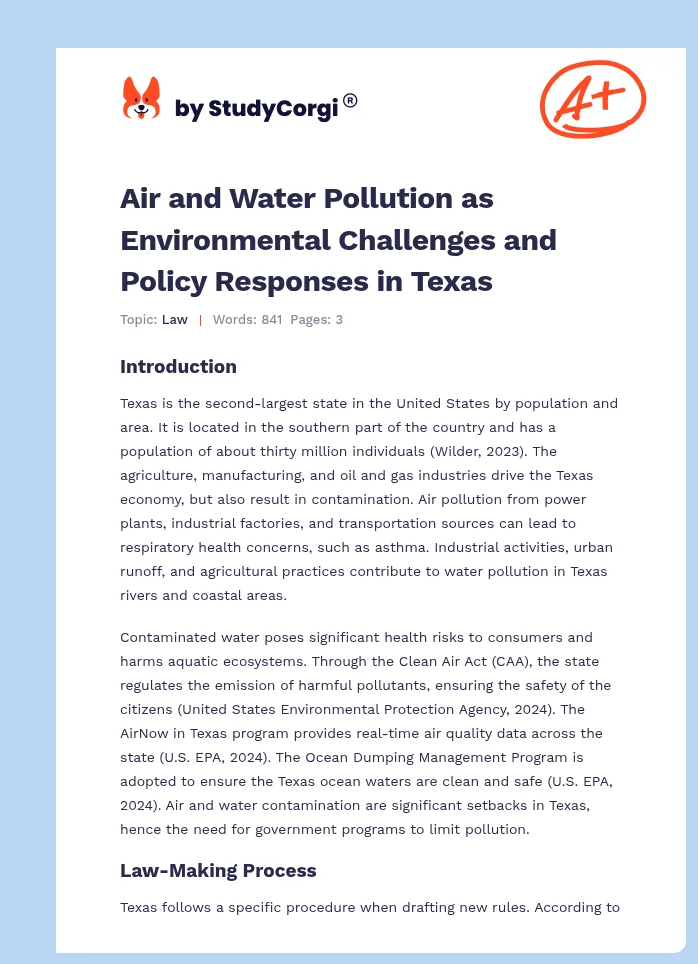 Air and Water Pollution as Environmental Challenges and Policy Responses in Texas. Page 1