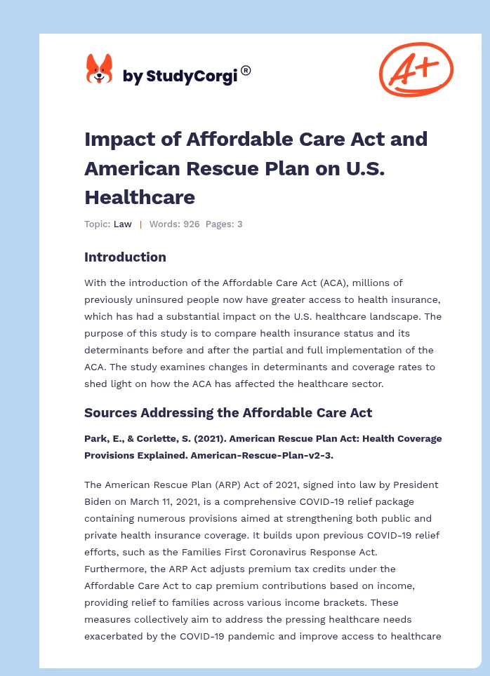 Impact of Affordable Care Act and American Rescue Plan on U.S. Healthcare. Page 1