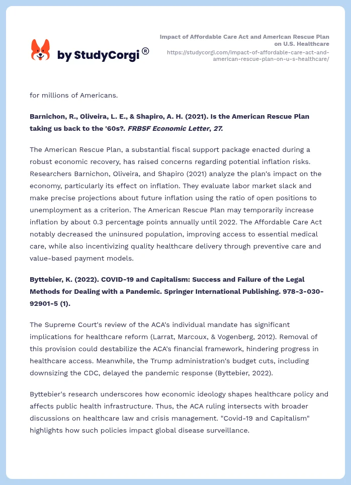 Impact of Affordable Care Act and American Rescue Plan on U.S. Healthcare. Page 2