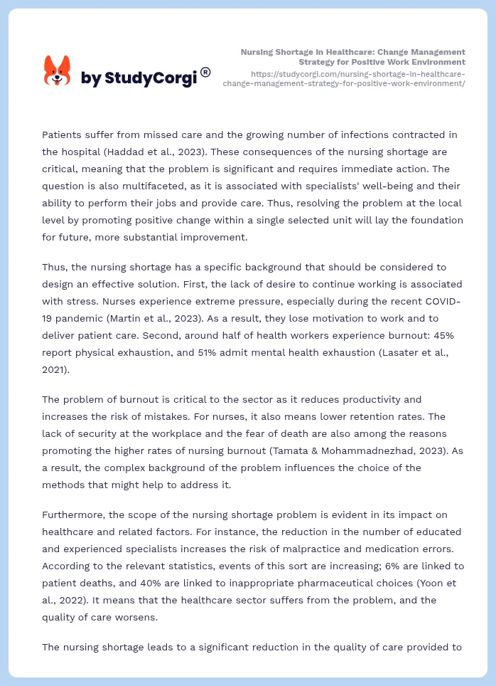Nursing Shortage in Healthcare: Change Management Strategy for Positive Work Environment. Page 2