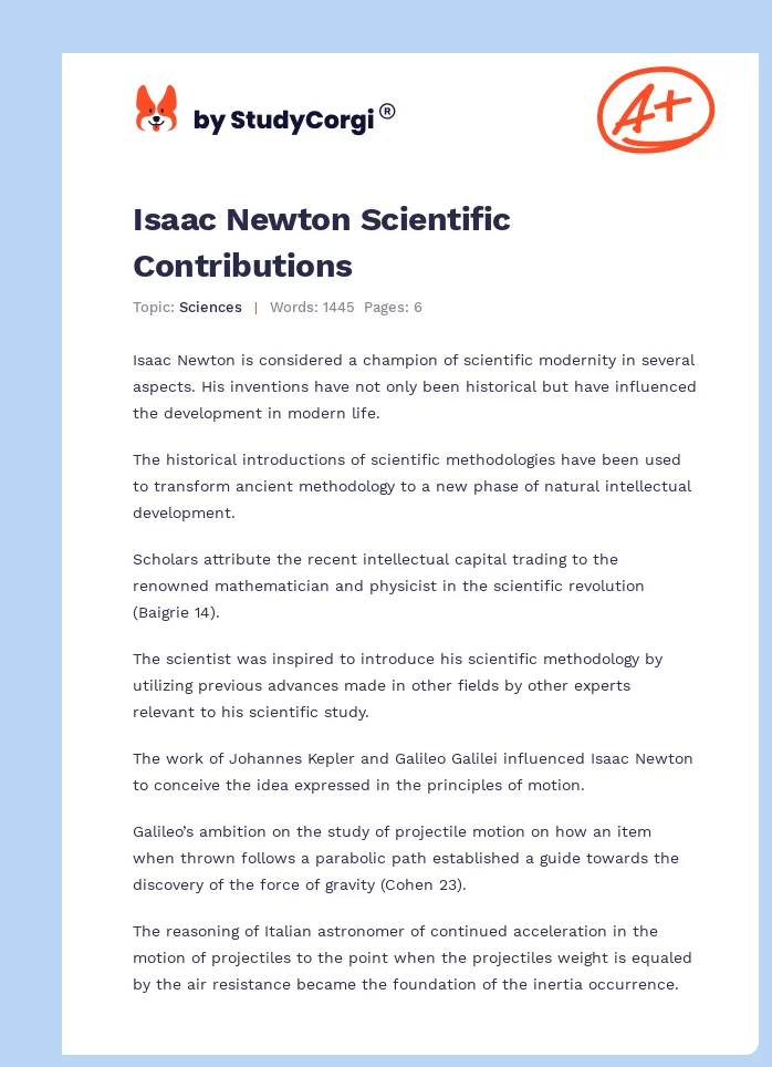 Isaac Newton Scientific Contributions. Page 1