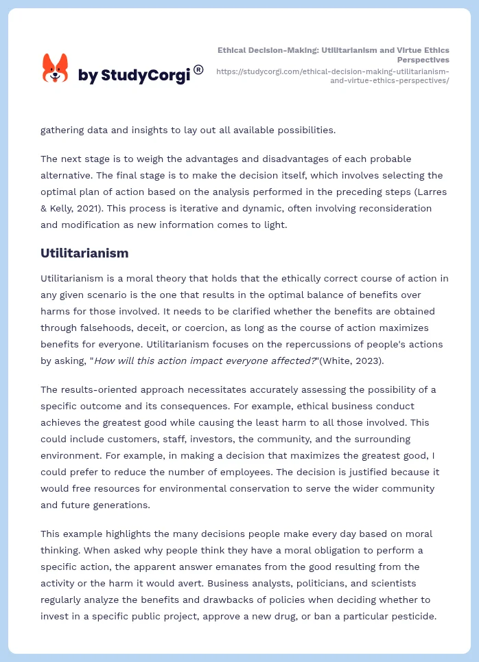 Ethical Decision-Making: Utilitarianism and Virtue Ethics Perspectives. Page 2