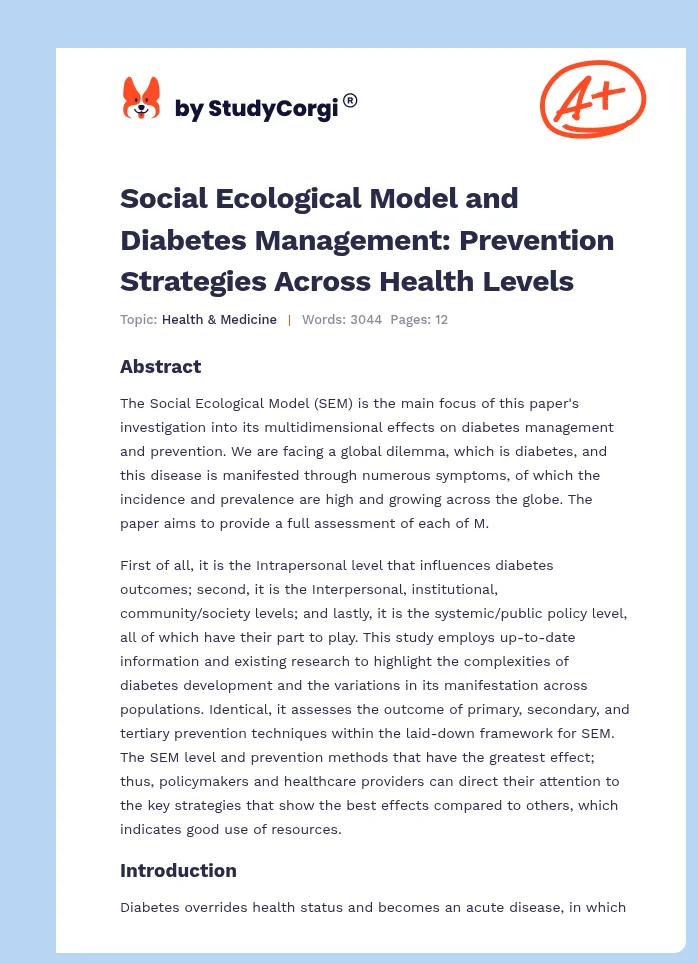 Social Ecological Model and Diabetes Management: Prevention Strategies Across Health Levels. Page 1