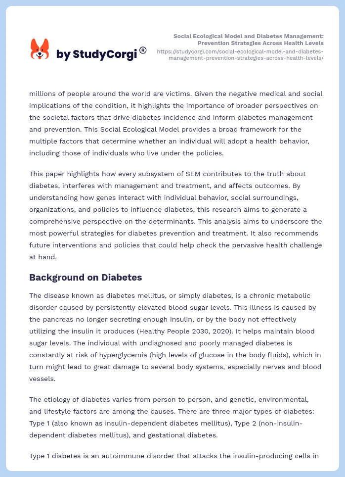 Social Ecological Model and Diabetes Management: Prevention Strategies Across Health Levels. Page 2