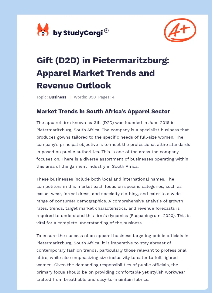 Gift (D2D) in Pietermaritzburg: Apparel Market Trends and Revenue Outlook. Page 1