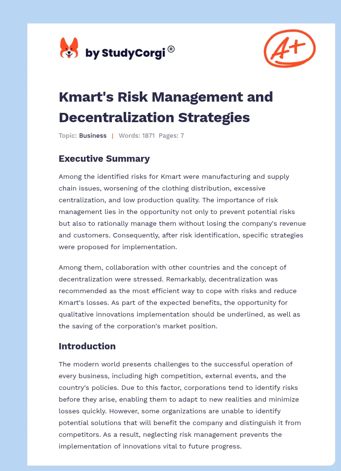 Kmart's Risk Management and Decentralization Strategies. Page 1