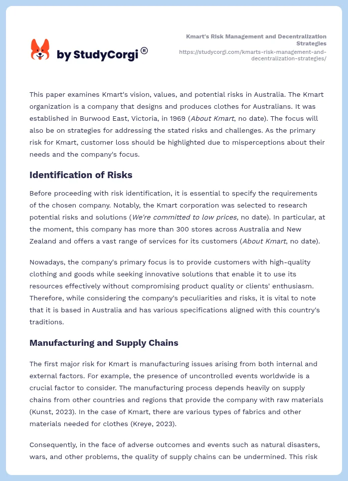 Kmart's Risk Management and Decentralization Strategies. Page 2