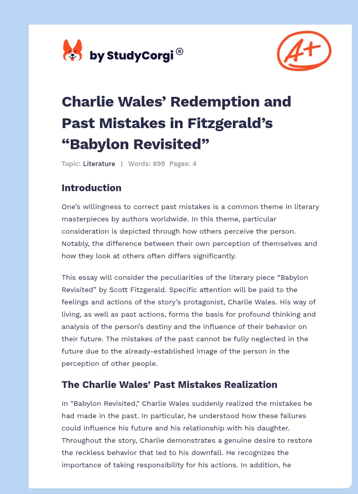 Charlie Wales’ Redemption and Past Mistakes in Fitzgerald’s “Babylon Revisited”. Page 1