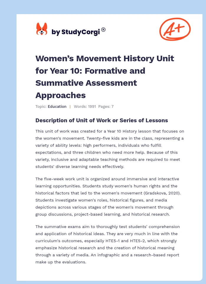 Women’s Movement History Unit for Year 10: Formative and Summative Assessment Approaches. Page 1