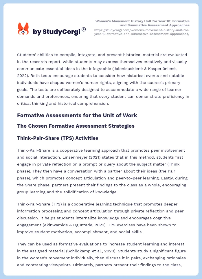 Women’s Movement History Unit for Year 10: Formative and Summative Assessment Approaches. Page 2