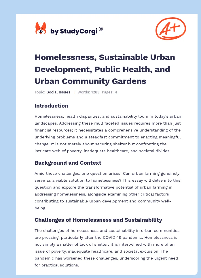 Homelessness, Sustainable Urban Development, Public Health, and Urban Community Gardens. Page 1