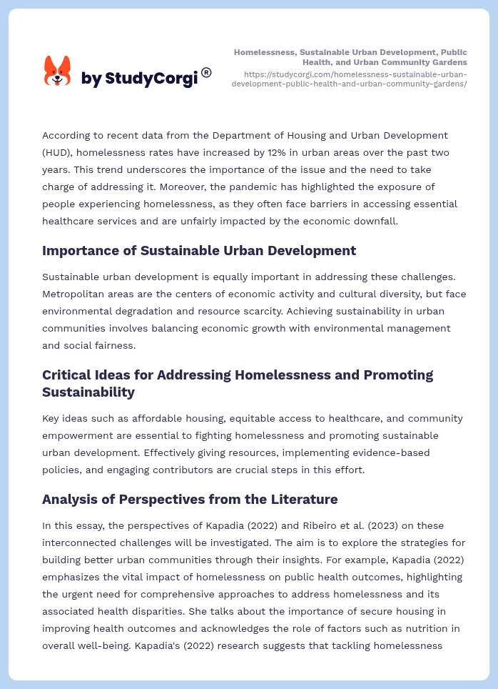 Homelessness, Sustainable Urban Development, Public Health, and Urban Community Gardens. Page 2